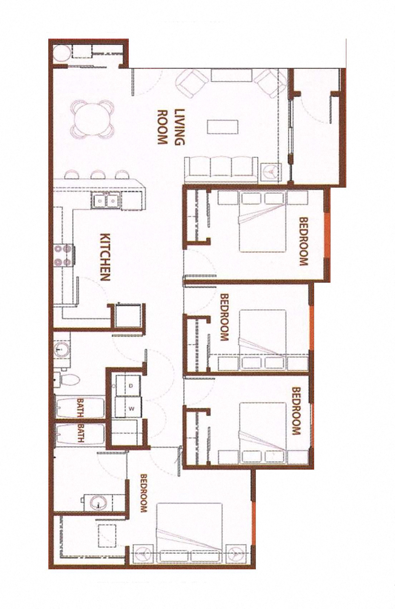 Floor plan for 4 beds, 2 baths, 1397 sqft